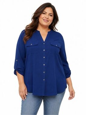 NWT Notations Woman 3X Blue Crepe Roll-Tab Sleeve Button Front Blouse Top